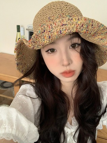 夏季鏤空防曬遮陽帽透氣不悶熱彩色度假風寬檐編織草帽女