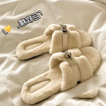 法式平底毛毛拖鞋女外穿2025新款秋冬季平底毛茸茸慵懶一字棉拖鞋