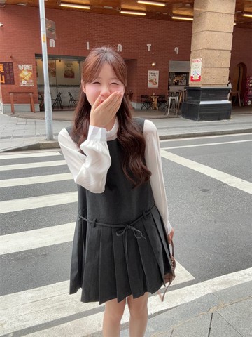 【韓國】浮光靈韵上衣背心百褶洋裝套裝-88149