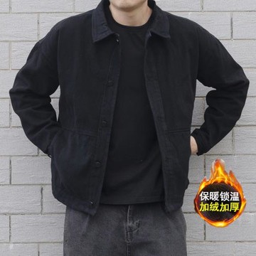 日系復古潮牌秋冬季加絨加厚牛仔外套男士黑色帥氣寬松工裝夾克男