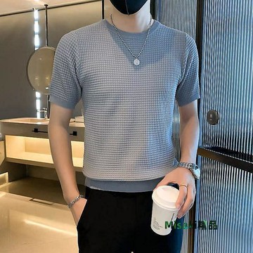 夏季新款華夫格短袖t恤男士 t恤 短袖 高級韓版帥氣緊身打底衫 冰絲透氣短袖男-真男人專賣店-Misaki精品