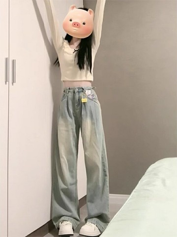 淺色闊腿牛仔褲女2024春秋新款高腰顯瘦美式復古寬松拖地直筒褲子鑫弘-素時衣櫥