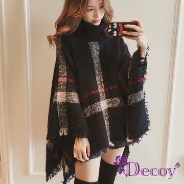 【Decoy】精品格紋＊保暖高針織領毛衣斗篷披肩罩衫/黑