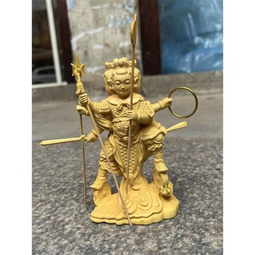 黃楊木雕三太子神像擺件實木雕刻中壇元帥三頭六臂哪吒供奉工藝品