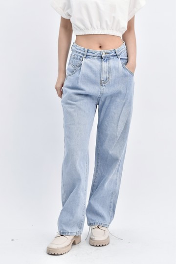 (M) mouggan高腰丹寧牛仔質感直筒藍色長褲