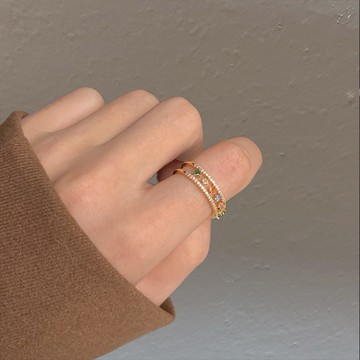 『Mika迷卡』T07現貨  開口可調節戒指法式輕奢微鑲彩色菱形鋯石可調節戒指雙層鏤空宮廷風高級感指環 預購請聊聊