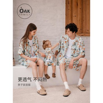 OakFamily兒童家居服親子睡衣短袖套裝夏季竹棉紗布寶寶空調睡衣