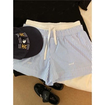 正確版】不正可退 夏日藍白豎條紋雙頭腰刺繡good短褲