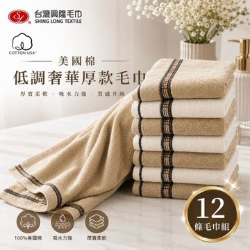 【台灣興隆毛巾製】美國棉 低調奢華厚款毛巾 12條毛巾組 (2色混搭)
