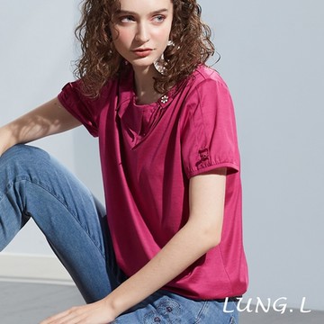 LUNG.L林佳樺 桃紅色造型領棉質短袖女裝上衣LP88A