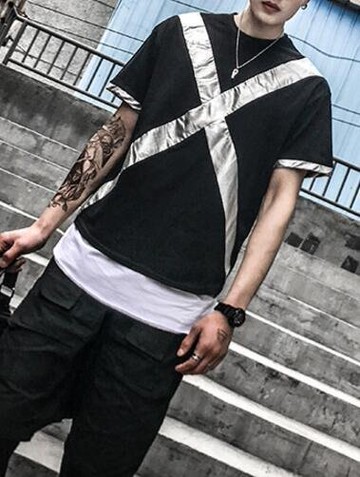 FINDSENSE品牌 時尚潮流 型男 酷 寬鬆 X拼條  短袖T恤 特色短T