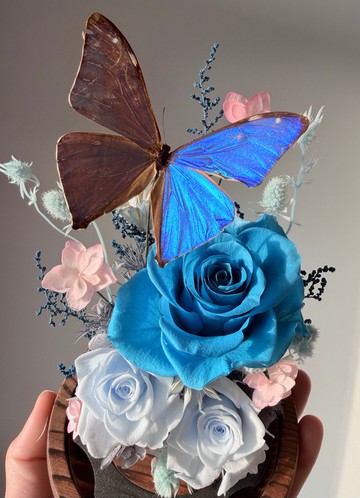 夢幻藍寶石-閃蝶永生玻璃花盅。入厝/綠玫瑰/退休/教師節/紀念