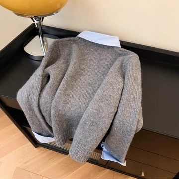 茉莉-跑量款原版重工假兩件針織衫女秋冬新款內搭翻領灰色毛衣軟糯上衣