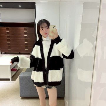 水貂毛條紋開衫外套【3425】Sandy33實拍秋冬新款韓系INS休閒百搭氣質長袖撞色針織外套 長版外套 毛衣外套