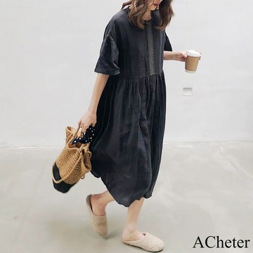 【ACheter】日系黑色大碼復古學院風棉麻亞麻短袖圓領寬鬆連身裙減齡中長洋裝# 117548(現貨+預購)