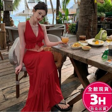 【梨卡】隔日到貨 女裝 洋裝 長裙 【套裝】掛脖背心 高腰半身裙 法式長裙 性感長裙 度假長裙C6667【現貨24H】
