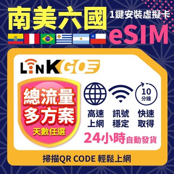 【LINKGO】南美洲六國 eSIM卡 7~20天多組合 多天上網卡 每日流量 (南美洲網卡 巴西 阿根廷 智利 厄瓜多