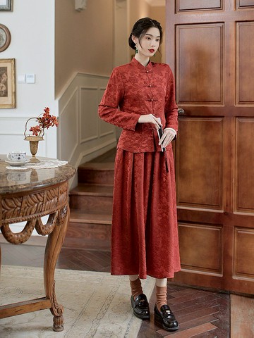 落霞紅 中式結婚禮服長袖上衣長裙套裝 出閣婚宴紅色新娘敬酒服