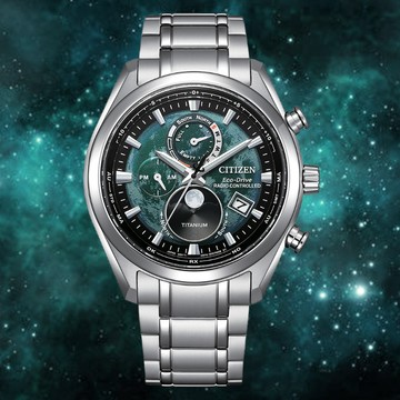 CITIZEN 星辰 GENTS 光動能 月相盈虧 電波對時 輕量鈦金屬腕錶-綠 BY1010-81X