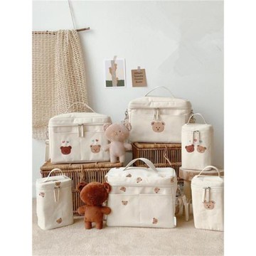 韓風刺繡小熊保溫包新生嬰兒寶手推車收納掛袋外出媽咪包保冷包袋