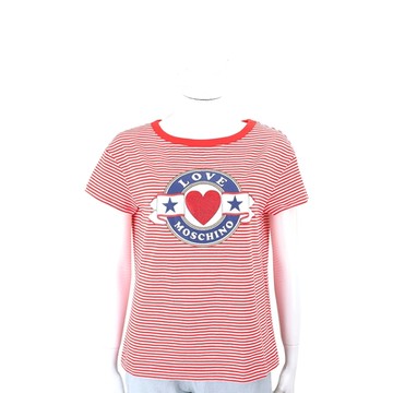 LOVE MOSCHINO 亮片愛心字母印花微彈性棉紅白條紋短袖TEE T恤