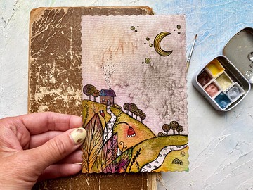 山水畫 小原創藝術 微型水彩 夢幻藝術品