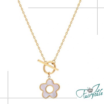 【伊飾童話】珠光白花＊復古OT扣鈦鋼長項鍊