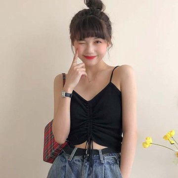 佰分佰/100kg內可穿/抽繩吊帶小背心/顯瘦小可愛/無袖上衣/修身/素面/大尺碼