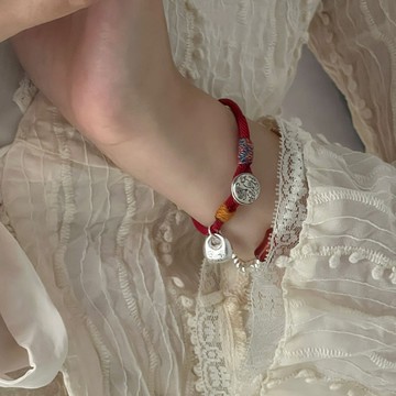 手鍊 新款s925原創設計實心足銀平安小福袋本命年紅繩編織銀手鏈