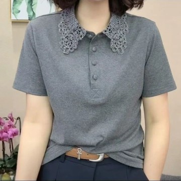 蕾絲百搭T恤女 上衣 T恤 休閒上衣 短袖衫 夏季翻領短袖T恤蕾絲時尚百搭POLO衫t恤上衣女