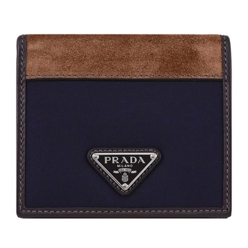 PRADA 2MO004 三角LOGO尼龍麂皮對折六卡短夾.深藍/棕
