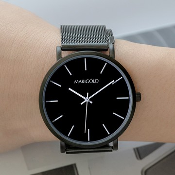 MARIGOLD真情相伴愛極簡情侶米蘭金屬可調鍊帶手錶【WMD0238】-黑面黑帶