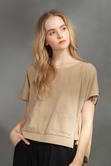 MW 落肩雙口袋前短後長拚接織帶上衣