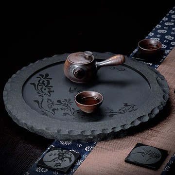 創意圓形烏金石茶盤石頭茶海整塊家用功夫茶具石茶臺大號