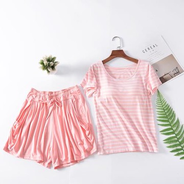 夏季睡衣帶胸墊圓領T恤套裝莫代爾短袖短褲女條紋家居服兩件套