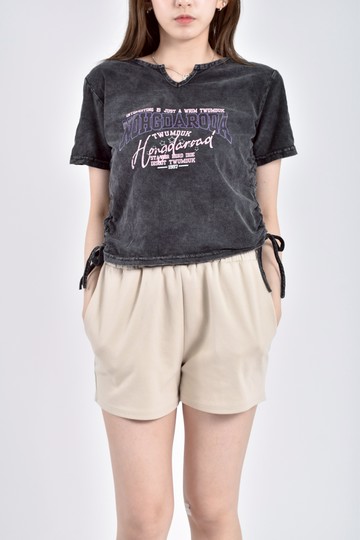 (S) 棉質仿舊印花灰色短袖上衣