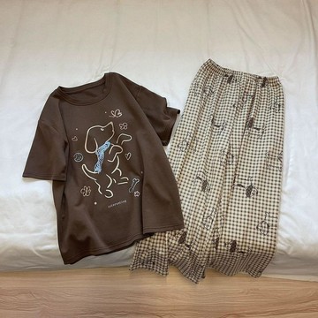 150公斤睡衣女兩件套 夏季新款長褲春秋天短袖棕色大碼套裝家居服 女裝睡衣兩件套家居服 7H
