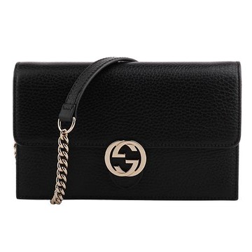 GUCCI - 銀雙G 荔枝皮革可拆鍊帶手拿斜背包 (黑)
