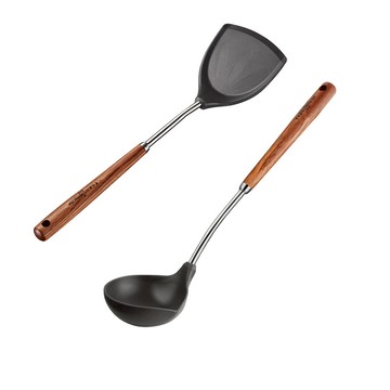 PUSH!廚房用品不銹鋼花梨木手柄不粘鍋鍋鏟 湯勺 耐高溫麥飯石鍋 矽膠鍋鏟 湯勺D292-2