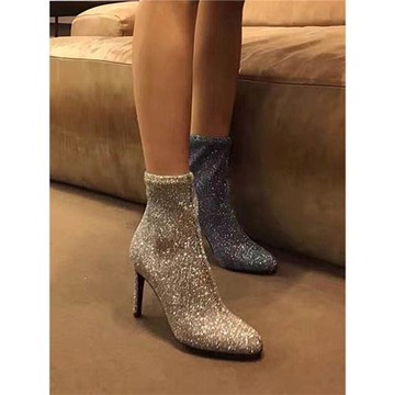 歐美新款亮片彈力襪靴圓頭細跟顯瘦春秋單靴網紅高跟及踝靴女短靴