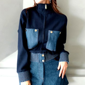 立領拉?短外套牛仔拼接針織外套韓版女【111-25-86068-25】ibella 艾貝拉