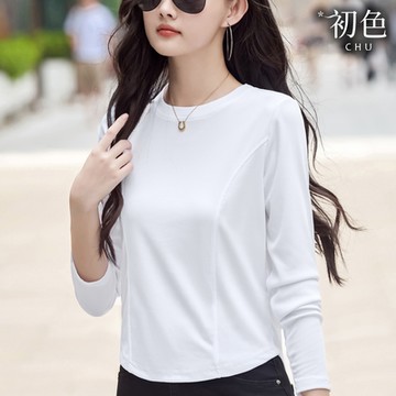 初色 簡約純色線條修身顯瘦圓領長袖內搭打底衫T恤上衣女上衣-共3色-38268(M-3XL可選/現貨+預購)