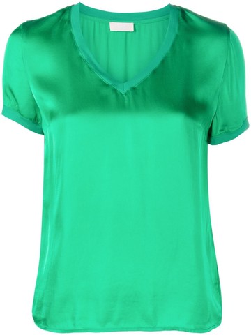 LIU JO - V-neck short-sleeved satin T-shirt - women - Viscose/Cotton - 40 - Green