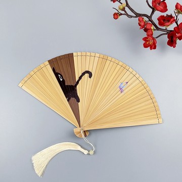 6寸全竹扇子古風折扇小女可愛卡通貓咪隨身便攜易開合折疊扇