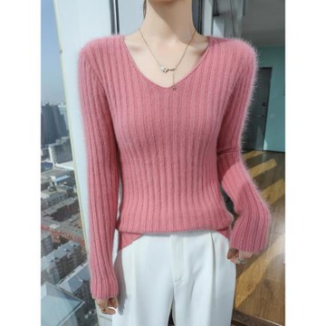 2025年秋季新款貂絨毛衣女v領修身抗寒羊毛衫內搭打底針織衫上衣