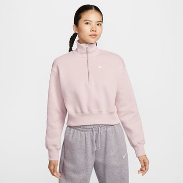 NIKE 長袖上衣 女 大學T 磨毛 短版 落肩寬鬆版型 AS W NSW PHNX FLC QZ CROP 粉 DQ5768-667