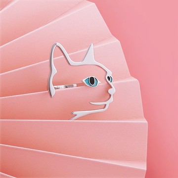 誇張貓咪頭戒指 925銀鏤空可調節開口戒