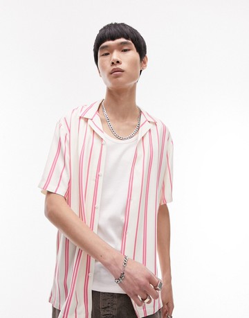 Topman short sleeve regular striped revere shirt in pink