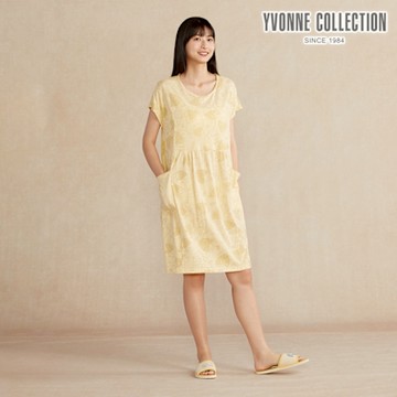 YVONNE 以旺傢飾 雨林馬來貘印花短袖洋裝-鵝絨黃