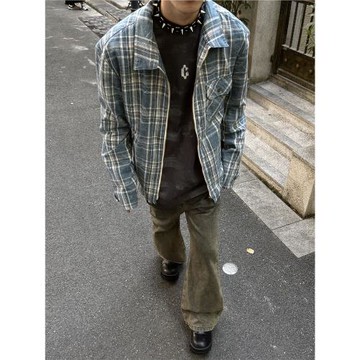 MASONSOUL 2025新款經典美式復古拉鏈開衫格子襯衫口袋設計感上衣